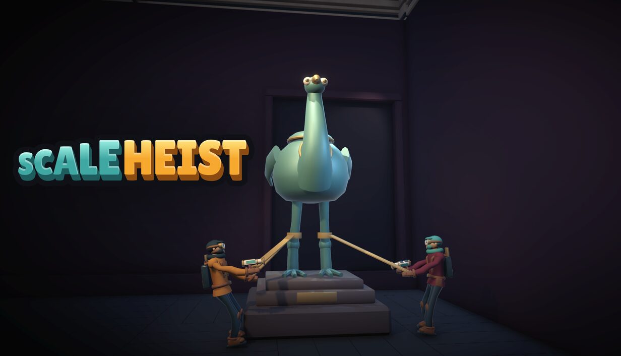 ScaleHeist cover art: two thieves tie down a giant bird statue in a museum