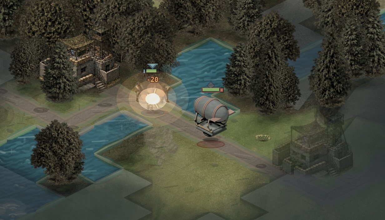 Spellraid gameplay: a bomb balloon strikes an infantry squad on a forest road beside a river